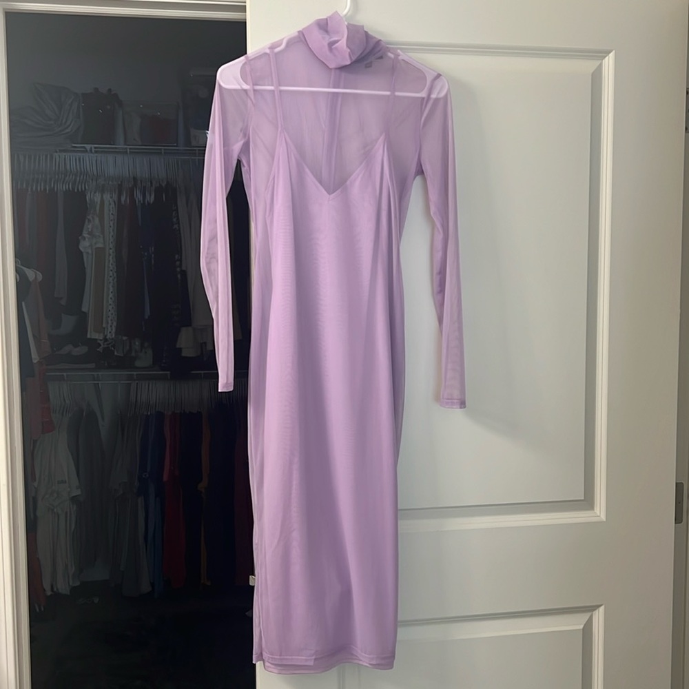 Purple lulus mesh overlay midi dress